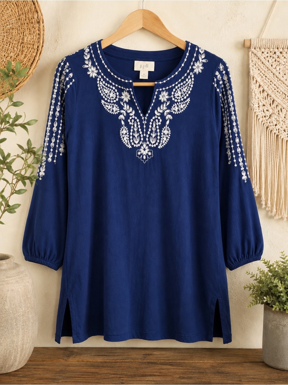 J. Jill Navy Tunic with White Embroidery 40% TENCEL